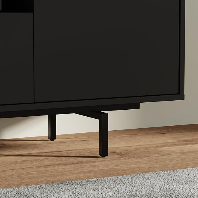Norrhaus 75-Inch Modern TV Stand – Black Finish, 26-Inch Height, No Tools Assembly Technology, Storage Cabinets with Center Channel Speaker Shelf, Mid-Century Modern Design