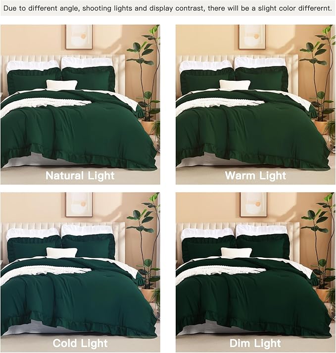Litanika Dark Emerald Green Queen Comforter Set, 3 Pieces Boho Vintage Solid Forest Ruffle Bedding Set, All Season Lightweight Bed Set (90x90In Comforter & 2 Pillowcases)