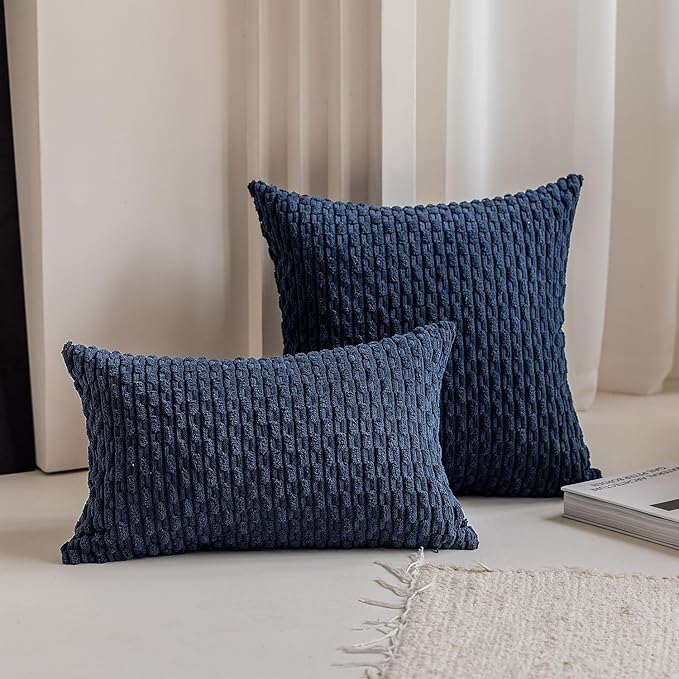 Kevin Textile Set of 2 Decorative Pillow Cover Solid Striped Corduroy Plush Velvet Cushion Cover for Couch 50cm 20 x 20 Inch Navy Blue