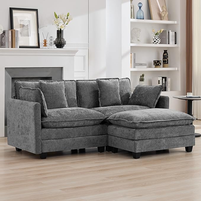 76'' Cloud Deep Seat Loveseat Sofa, Upholstered Chenille Modular 2-Seats Sectional Sofa Couch with Movable Ottoman, Modern Comfy Settee Loveseat for Living Room Set, Small Apartment, Grey