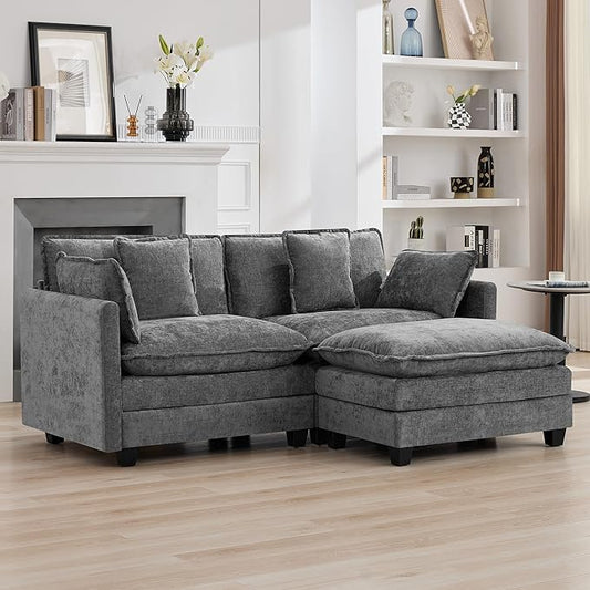 76'' Cloud Deep Seat Loveseat Sofa, Upholstered Chenille Modular 2-Seats Sectional Sofa Couch with Movable Ottoman, Modern Comfy Settee Loveseat for Living Room Set, Small Apartment, Grey
