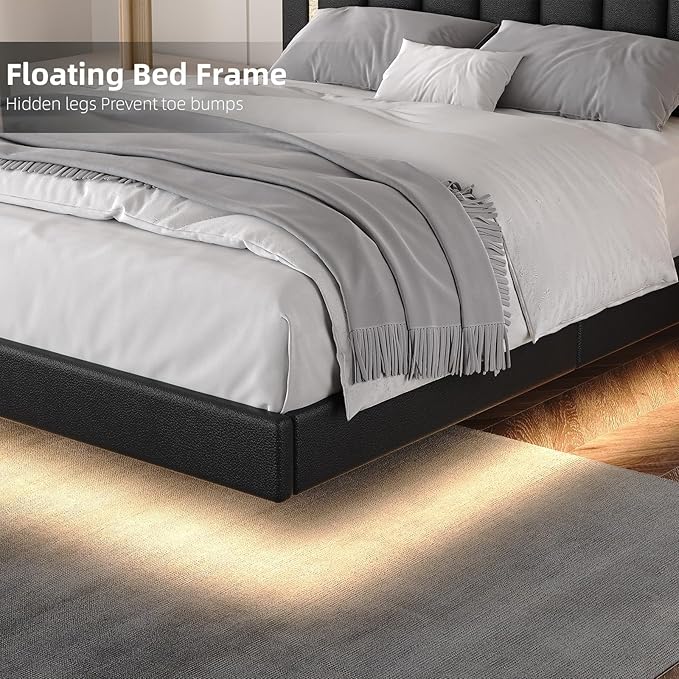 HOMBCK Floating Bed Frame King with Smart LED Lights, Faux Leather Upholstered Platform Bed with Diamond PU Headboard, No Box Spring Needed, Noise-Free, Easy Assembly, Black