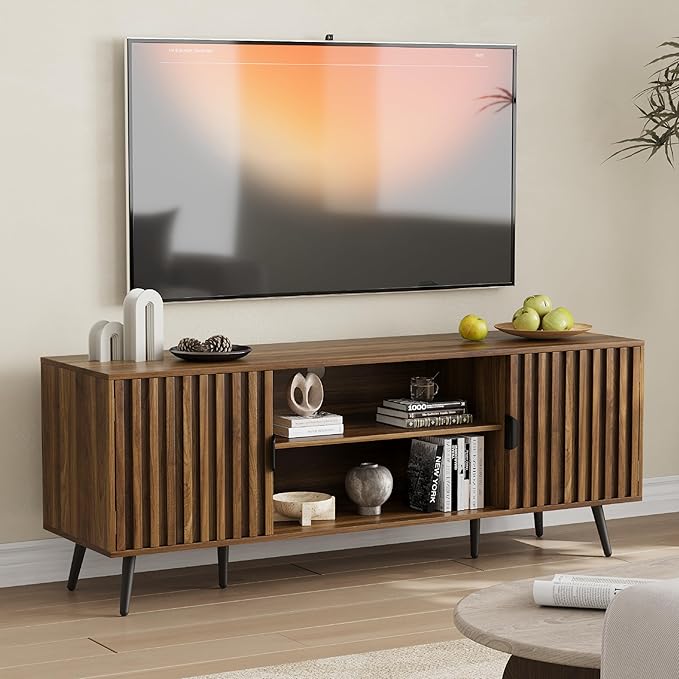 Walnut Fluted TV Stand for 55 Inch TV, Entertainment Center with Adjustable Shelf, 2 Cabinets, Mid Century Modern Media Console, Metal Feet, Cord Holes, for Living Room, Bedroom