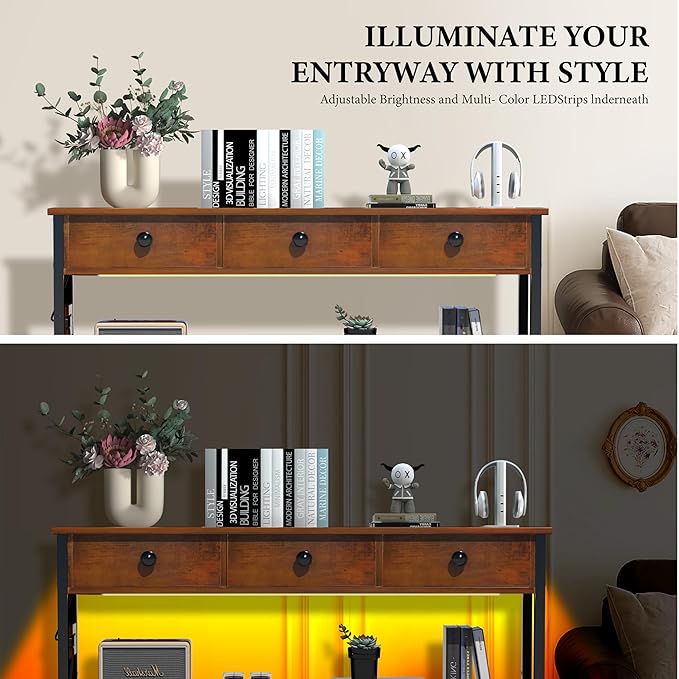 47" Entryway Table with Outlets: Console Table with 3 Wood Drawers and Storage Shelves, USB Ports, LED Light Strip for Sofa, Living Room, Hallway, Foyer, Couch, TV and Aquarium Stand
