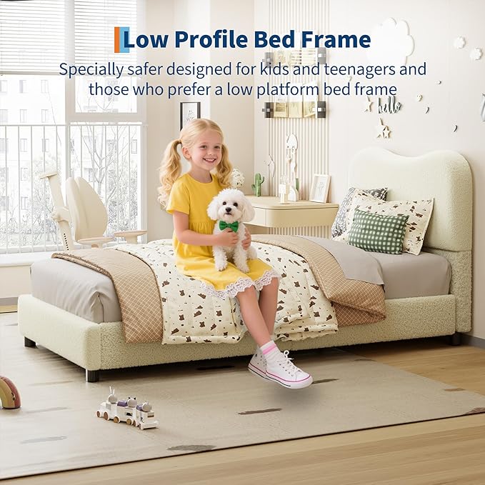 GarveeHome Queen Bed Frame for Kids with Velvet Upholstered Headboard, Cute Low Profile Platform Bed for Girls and Boys, No Box Spring Needed, Strong Wooden Slats, Noise Free, Easy Assembly, Beige