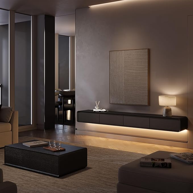 Minimalist Floating TV Stand with LED Lights, Modern Wall-Mounted Media Console with 4 Flip-Down Cabinet Doors for 85 Inch TV, Fully-Assembled, Black Oak, 94"