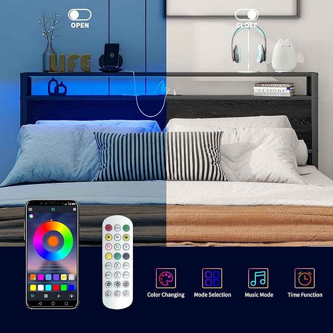 Queen Bed Frame With Storage Headboard/LED Lights, Metal Platform With Charging Station, No Box Spring Needed, Heavy Duty Slats, No Noise, Black