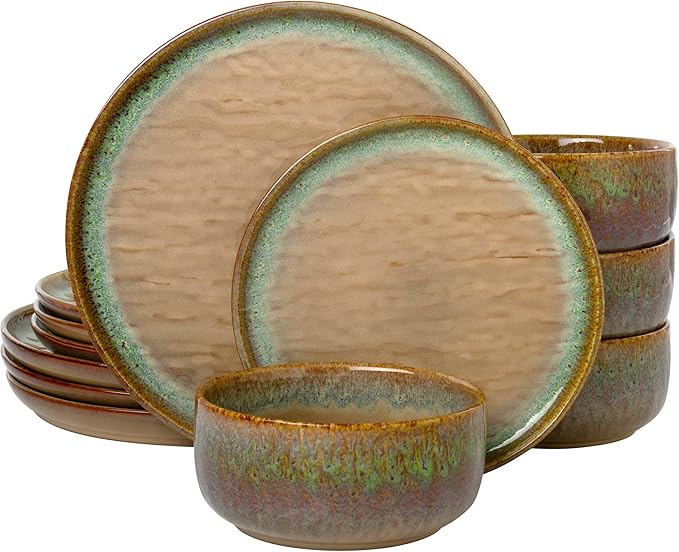 “Alyssa” 12-Piece Stoneware Dinnerware Set with Reactive Glaze Finish, Service for 4, Brown Reactive Glaze