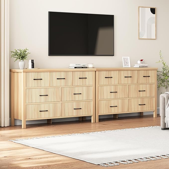 Fluted 7 Drawers Dresser for Bedroom, Modern Chest of Drawers with Metal Handle, Wood Dresser TV Stand, Wooden Closet Clothes Storage Organizer for Living Room, Hallway (Natural Oak)