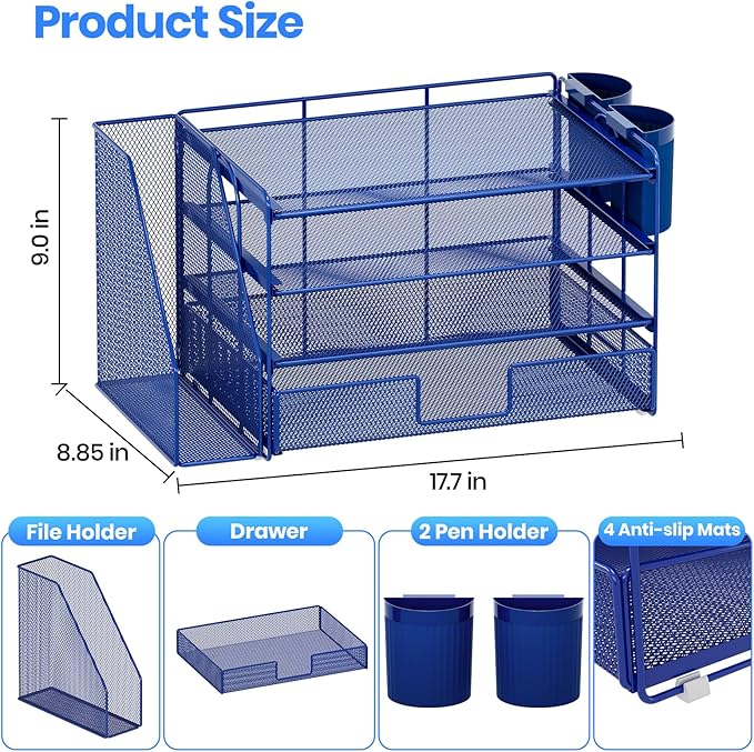 Desk Organizer and Accessories, 4-Tier Desktop File Organizer with Drawer and 2 Pen Holders, Office Desk Accessories for Office Supplies(Dark Blue)