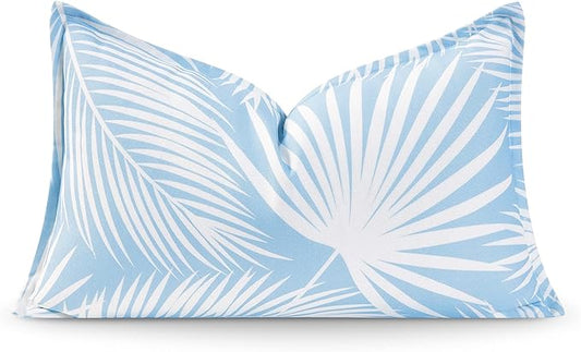 Hofdeco Premium Coastal Hampton Style Patio Indoor Outdoor Lumbar Pillow Cover Only, 12"x20" Water Resistant for Backyard, Couch, Baby Blue Palm Leaf