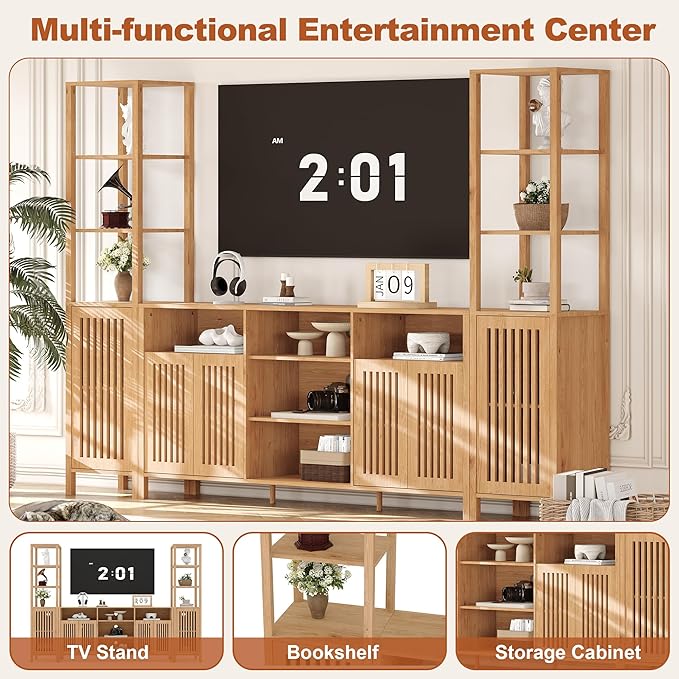 Entertainment Center with Bookshelves, Farmhouse TV Stand for 70 Inch TVs, TV Stands for Living Room w/Adjustable Shelves & Storage Cabinet, Modern Console Cabinet for Bedroom Home Theater