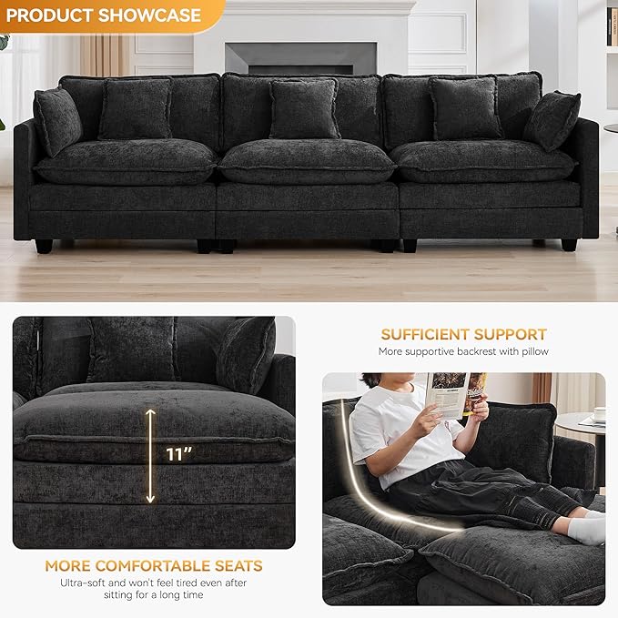 111'' Sectional Cloud Deep Seat Couch, Modern Comfy Chenille Modular Sectional Sofa for Living Room Set, Upholstered Modular 3-Seats Sofa Couch, Dark Grey