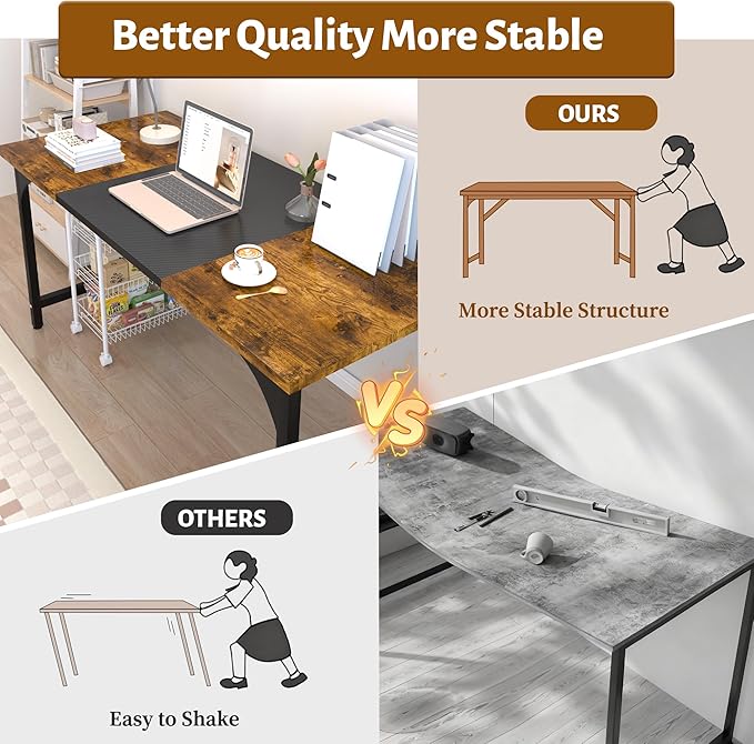 47inch Computer Desk with Deeper Carbon Fiber Desktop, Gaming Office Desk with Sturdy Metal Frame,Home Office Desk for Gaming, Working, Studying, Rustic Brown