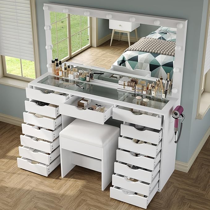 15 Drawers Vanity Desk with Power Outlet, Makeup Table with Mirror and 13 LED Lights, 3 Color Lighting Modes, Brightness Adjustable, Glass Top Dressing Table, Vanity Set for Bedroom (White)
