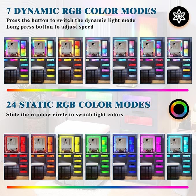 HNEBC Grey LED Vanity, Makeup Vanity with RGB Lights and 6 Drawers for Bedroom, Makeup Desk with USB/Wireless Charging, Dressing Table with Shelves/Cabins/Stool, Vanity Table Set as Gifts for Girls