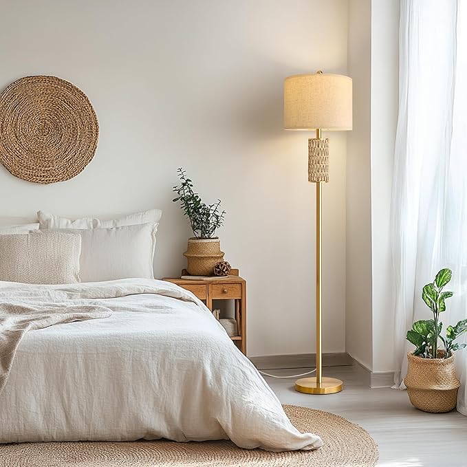 Oneach 62” Modern Floor Lamp for Living Room, Gold Boho Standing Lamp with Unique Rattan Design, Rotary Switch, Farmhouse Tall Lamps for Bedroom Office Dining Room (Without Bulb)