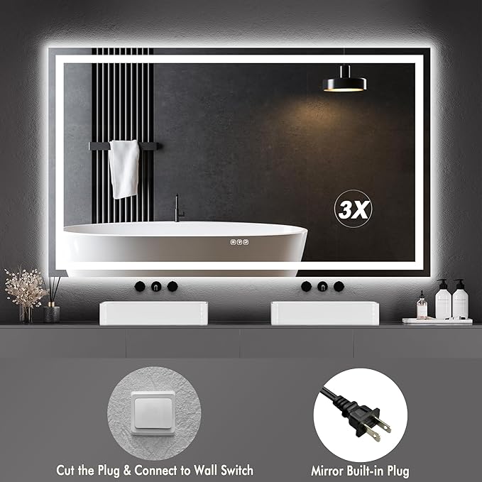 GarveeHome 60"x 36" LED Bathroom Mirror with Lights, Dimmable, Anti-Fog, Backlit + Front Lit, Smart Bathroom Vanity Mirror for Wall, Memory Function, Shatter-Proof (Horizontal/Vertical)