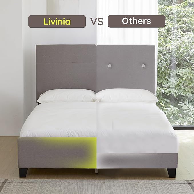 Livinia Amelia Twin Size Platform Bed, Fabric Upholstered Twin Bed Frame with Height Adjustable Headboard Footboard, Strong Wood Slats, No Box Spring Needed, Brown