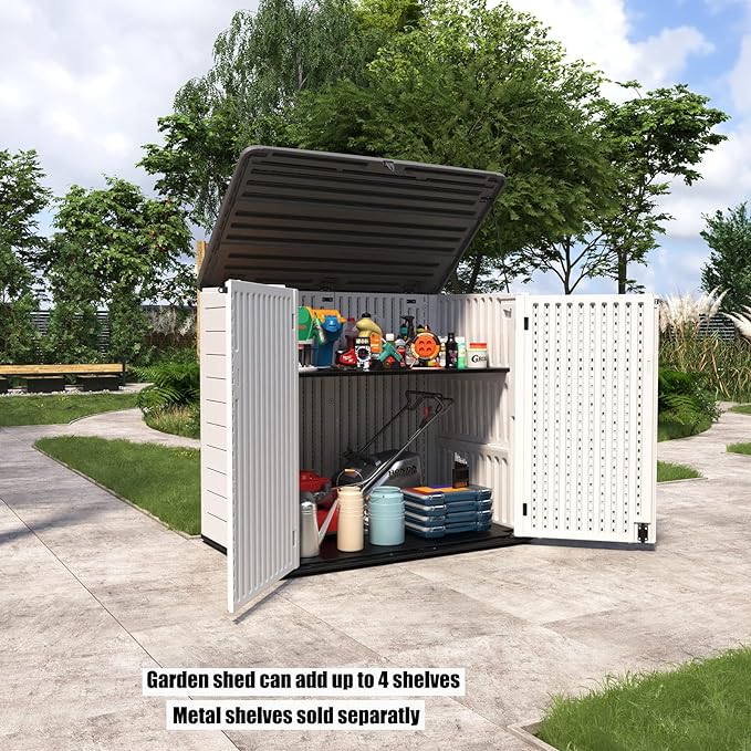 Resin Outdoor Storage Shed, 38 cu.ft Outdoor Storage Box Waterproof for Garden Tools, Patio Furniture, Trash Cans, Garage Storage, Customized Shelves & Lockable (Off White)