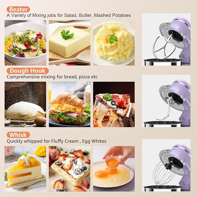 3-IN-1 Electric Stand Mixer, 660W 10-Speed With Pulse Button, Attachments include 6.5QT Bowl, Dough Hook, Beater, Whisk for Most Home Cooks, Vine Purple