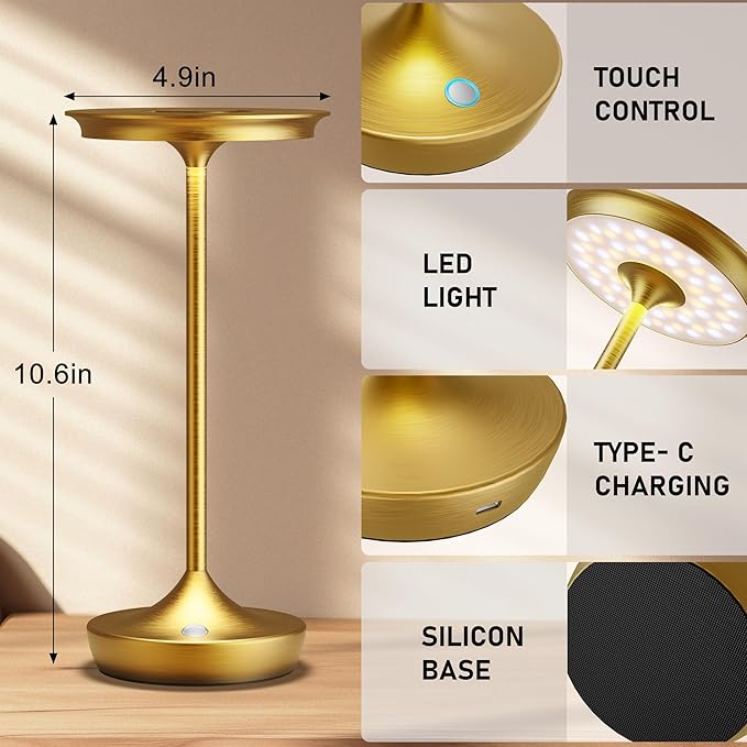 LED Rechargeable Cordless Table Lamps, Portable Outdoor Battery Operated Table Light 3 Color Stepless Dimming Table Lamp with Memory Function for Patio Restaurant Dining Room Gold