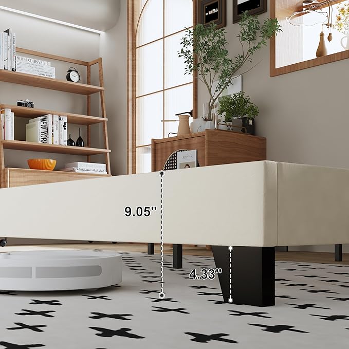 Queen Size Bed Frame, Velvet Upholstered Platform Bed with Adjustable Tufted Headboard, Sturdy Frame and Slats, Noiseless, No Box Spring Required, Easy to Assemble, Beige