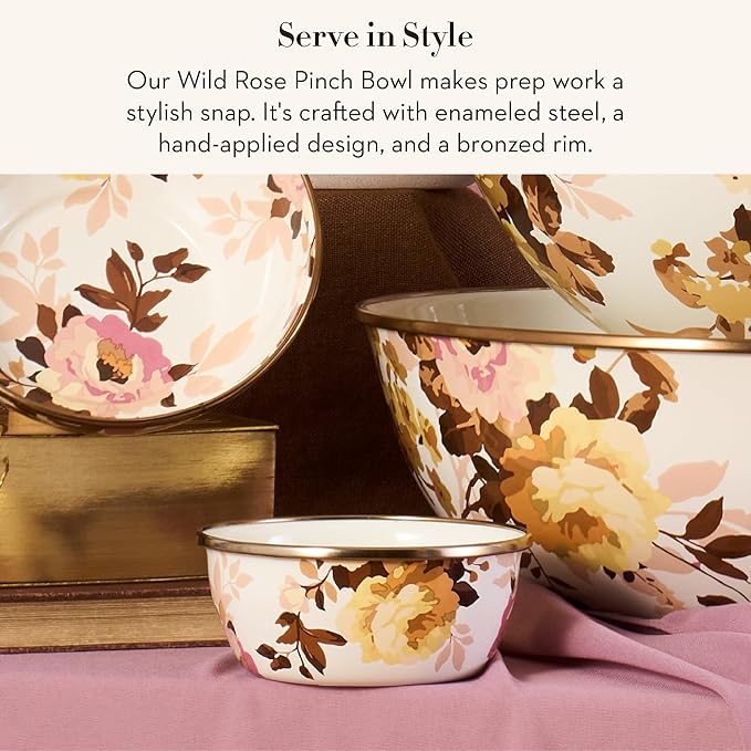 MACKENZIE-CHILDS Enamel Pinch Bowl, Small Bowl for Cooking Ingredients, 1.5-Cup Capacity, Wild Rose White