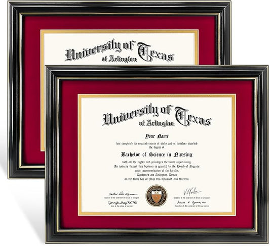GraduationMall 8.5x11 Diploma Frame with Red over Gold Mat or Display 11x14 Certificate without Mat,Solid Wood & UV Protection Acrylic,Glossy Black Finish with Gold Trim,2 Pack