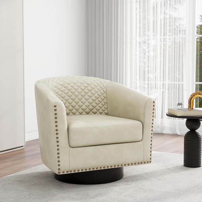Swivel Barrel Accent Chair, Comfy Modern Upholstered Round Faux Leather Arm Chair for Living Room, Bedroom（Beige, Set of 2