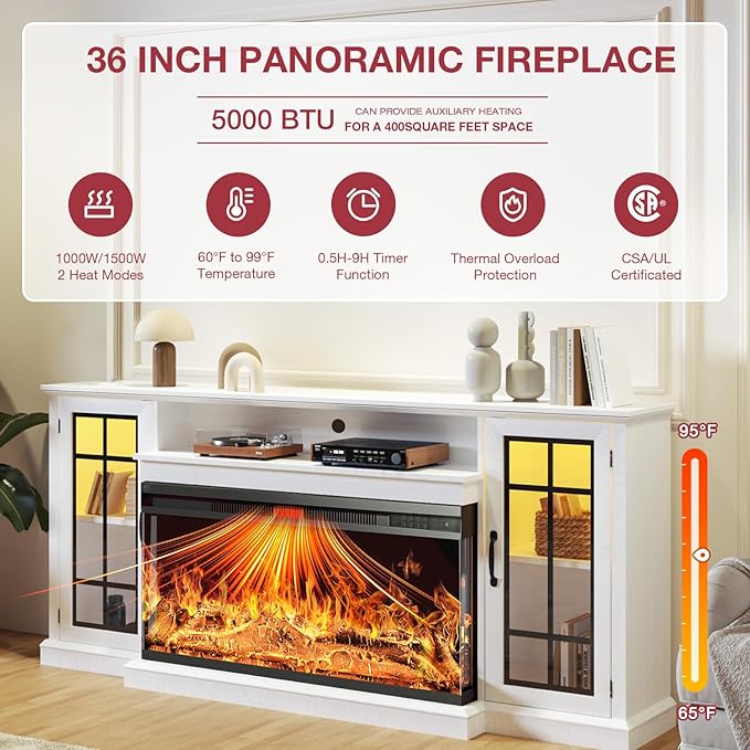 oneinmil 36 Inch 3-Sided Glass Fireplace TV Stand for TVs up to 80", Rustic Media Entertainment Center Console Table with Glass Door Closed Storage, Set of TV Table, White