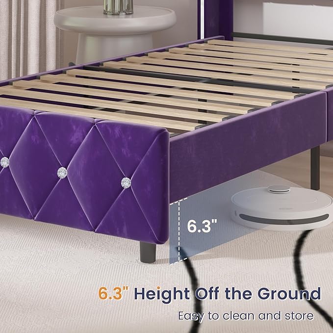 HOMBCK Twin Bed Frames, Upholstered Platform Bed with Diamond Tufted Headboard, Modern Velvet Bed Frame with Wingback Design, No Box Spring Needed, Easy Assembly, Purple
