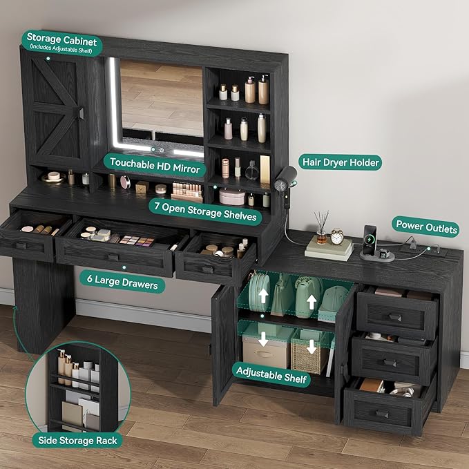 YITAHOME 48'' Farmhouse Makeup Vanity Desk with Mirror and Lights, 68'' 360° Rotation Big Modern Lighted Vanity Table with 6 Drawers & Lots Shelves, Rustic Large Dressing Table, Antique Black