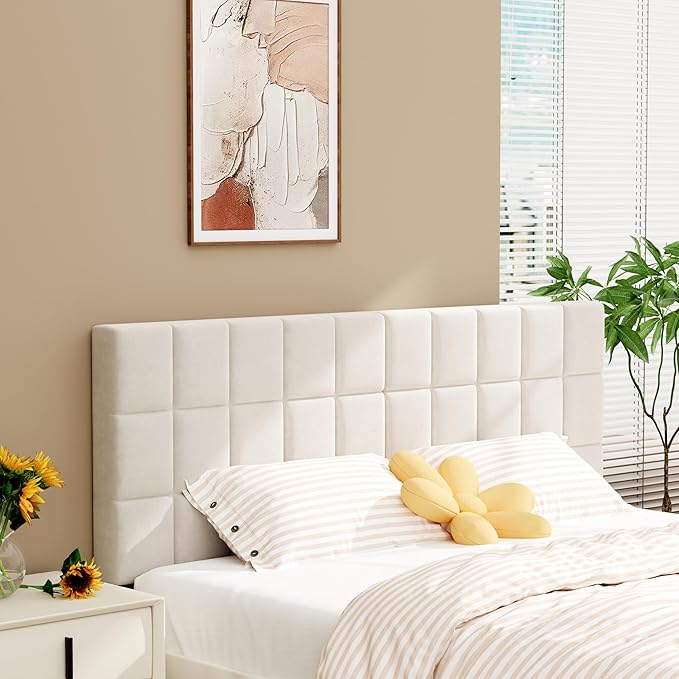 Andeworld Velvet Upholstered Tufted Queen Size Headboard,Wood Head Board with Metal Legs, Adjustable Height from 42” to 56”, Bed Headboard in Modern Design,Backboard for Bed, Beige