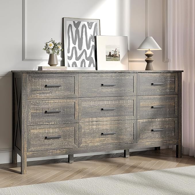 Farmhouse 9 Drawers Dresser for Bedroom, Wood Rustic Wide Chest with Natural Texture, Farmhouse Chest of Drawers for Bedroom, Hallway, Entryway, Dark Brown