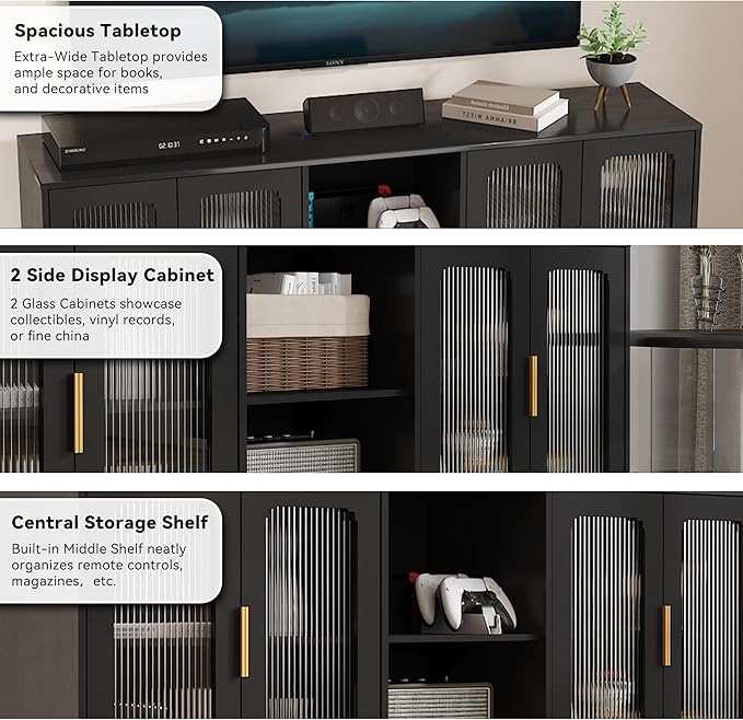 65 Inch Black TV Stand for TVs up to 70+ inch, Mid Century Modern Glass Door TV Console Table, Entertainment Center with Storage Cabinet, Wood Media Console for Bedroom, Living Room (Black)
