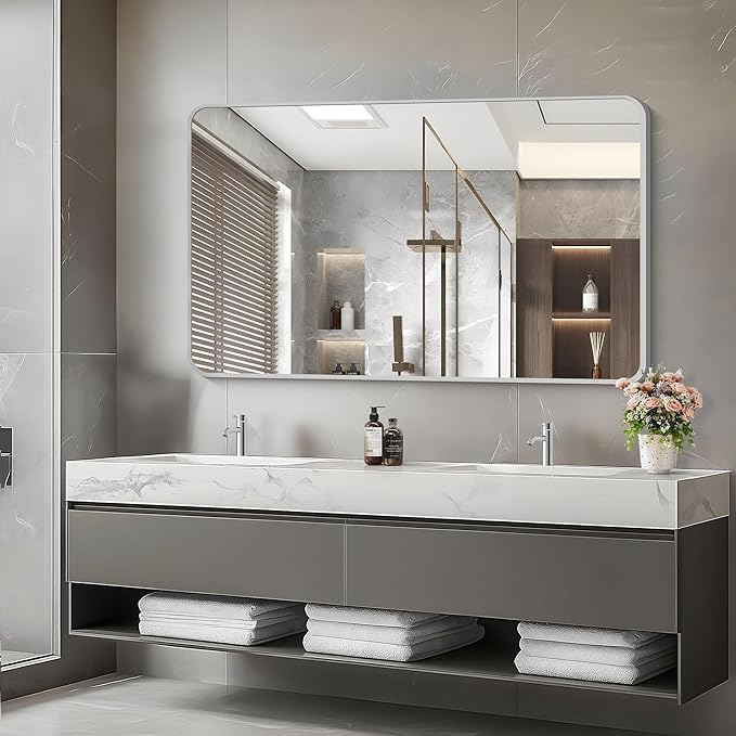 48x30 Inch Silver Bathroom Mirror, Metal Framed Silver Rectangle Mirrors, Rounded Rectangular Vanity Mirror, Wall Mounted Mirrors for Living Room Bedroom Entryway Hangs Horizontal or Vertical
