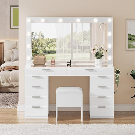 YITAHOME 46" Glass Top Vanity Desk with Mirror with Lights, Large Makeup Vanity Set with 10 Drawers & Storage Stool, Power Outlet, Dressing Table with 3 Adjustable Light Modes, Dressing Room, White