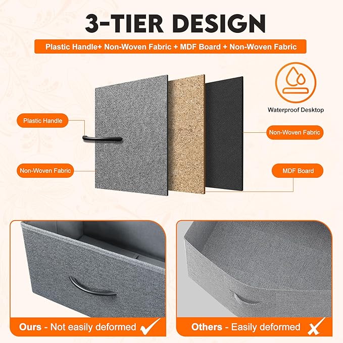 Dresser for Bedroom with 10 Drawers, Chest of Drawers, Storage Drawers Organizer Unit, Grey Wide Fabric Dresser with Fabric Bins for Closet, Living Room, Entryway (Grey and Charcoal Black)