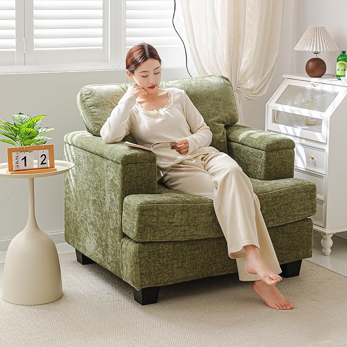 Oversized Accent Chairs Set of 2,Large Armchair with Armrest Organizer,Deep Seat,Big Reading Chair,Comfy Living Room Chairs,Sofa Chair for Bedroom,Chenille,Green