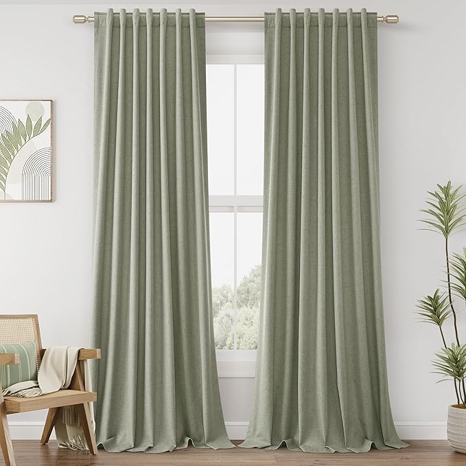 Sage Green Linen Blackout Curtains 144 Inch Length 2 Panels Set for Living Room Bedroom Back Tab Thermal Insulated 100% Black Out Linen Drapes Room Darkening Window Curtains 144 Inches Long