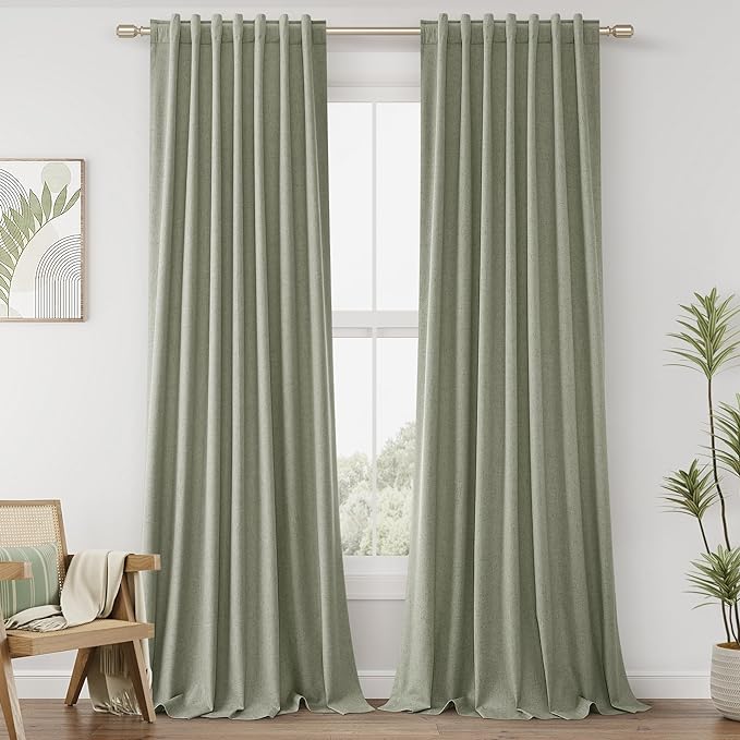 Sage Green Linen Blackout Curtains 120 Inch Length 2 Panels Set for Living Room Bedroom Back Tab Thermal Insulated 100% Black Out Linen Drapes Room Darkening Window Curtains 120 Inches Long