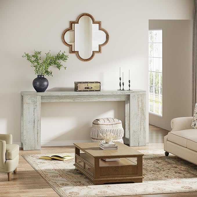 Tribesigns 70.9-Inch Extra Long Console Table, Farmhouse Wood Sofa Table Behind Couch, Narrow Entryway Accent Table for Living Room, Hallway, Entrance, Foyer (Distressed White)