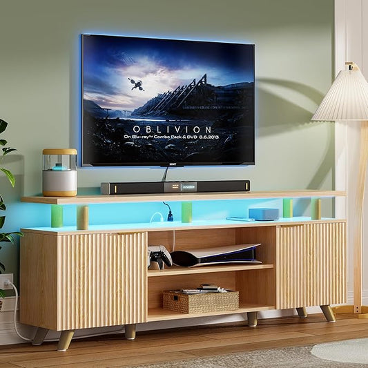 Lulive Modern TV Stand for 55/60/65/70 inch Television, Entertainment Center with Wooden Storage Cabinets and Power Outlet，Media Console for Living Room Bedroom (Natural Oak)
