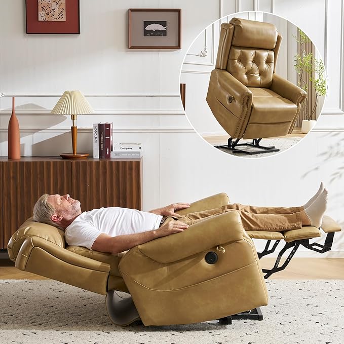 Large Power Lift Recliner Chair for Elderly, Oversized Lay Flat Recliner with Massage and Heat, Electric Lift Chair with Adjustable Headrest, Extended Footrest, USB Ports, Beige
