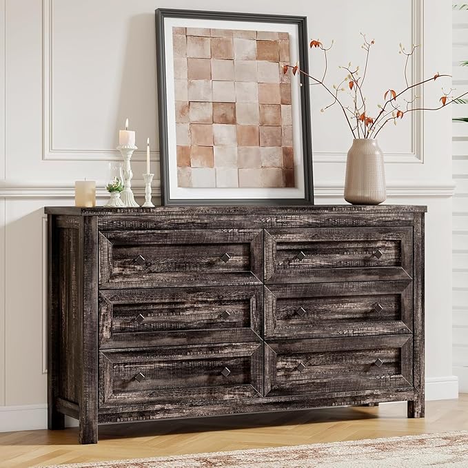 Farmhouse 6 Drawers Dresser, Wood Rustic Chest of Drawer for Bedroom, Closet Storage Dressers Organizer, 6 Drawers Chest for Living Room, Hallway, Dark Rustic Oak