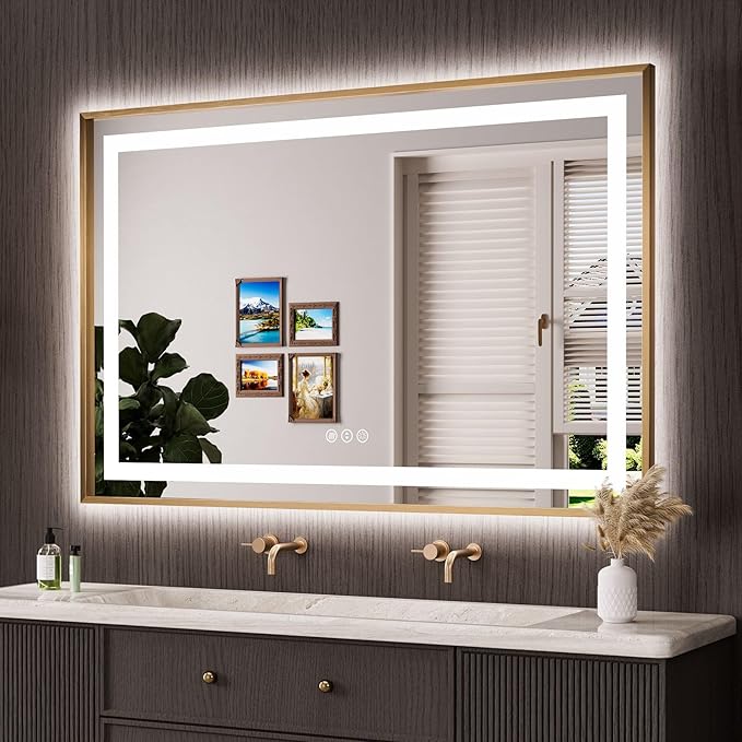 Amorho 55"x 36" Gold LED Bathroom Mirror, Metal Framed Mirror with Front Light and Backlit, Stepless Dimmable, Anti-Fog, Shatter-Proof, Memory, 3 Colors