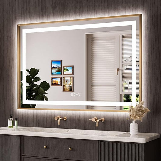 Amorho 55"x 36" Gold LED Bathroom Mirror, Metal Framed Mirror with Front Light and Backlit, Stepless Dimmable, Anti-Fog, Shatter-Proof, Memory, 3 Colors