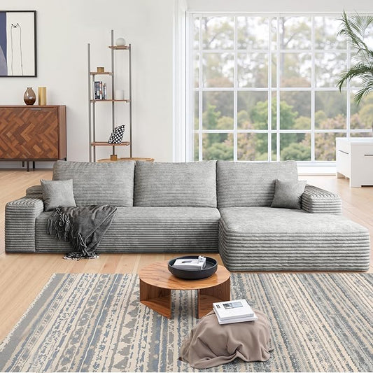 Sectional Couches for Living Room 112" L-Shape Cloud Couch Modern Modular Sectional Sofa Bad, Boneless Couch with Right Deep Seat, No Assembly Required (Plush Corduroy Fabric, Grey)