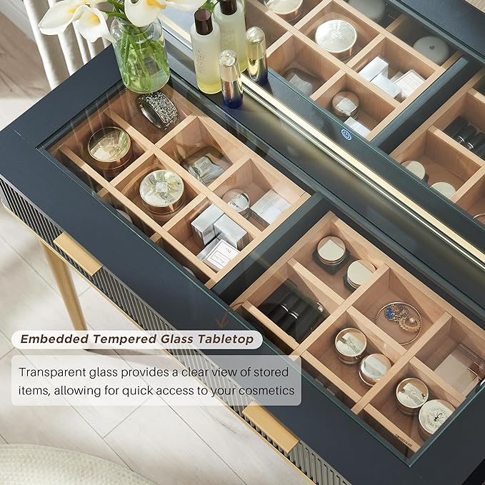 T4TREAM Fluted Makeup Vanity Desk with 36" HD Lighted Mirror, 48" Big Modern Vanity Desk with Mirror and Lights, Dressing Table with 5 Drawers & Shelves, Glass Top for Bedroom, Dark Grey